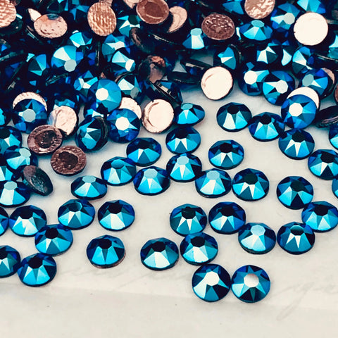 Cobalt blue faceted crystals with rose-gold backs, flat round rhinestones, 4.8 mm
