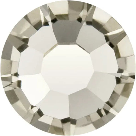 Faceted round crystal chaton, dark grey tone with reflective facets