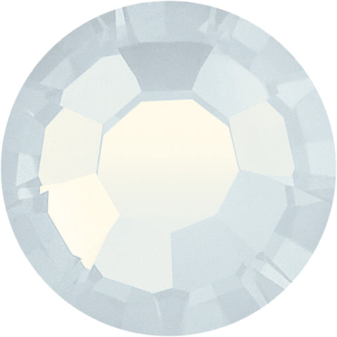 Preciosa Maxima Rose, a round, faceted flat back crystal with a pale icy blue and white coloration, shown against a solid white background. 