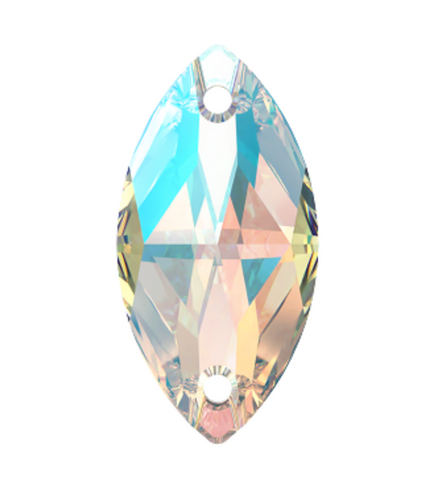 Swarovski marquise-cut crystal rhinestone with a dual-hole design, showcasing colour Crystal Shimmer an iridescent rainbow reflections of light blue, pink, and gold on a solid white background.