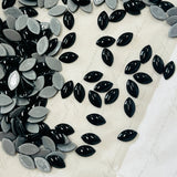 Hotfix navette cabochon crystals, black and light gray glossy ovals