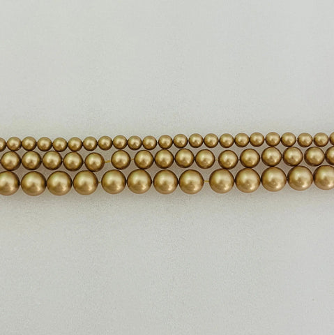 Swarovski round pearl beads strand, vintage gold finish, glossy spheres