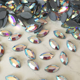 actual image of Swarovski Crystal Hotfix Navettes in AB effect with dark grey glue on the back